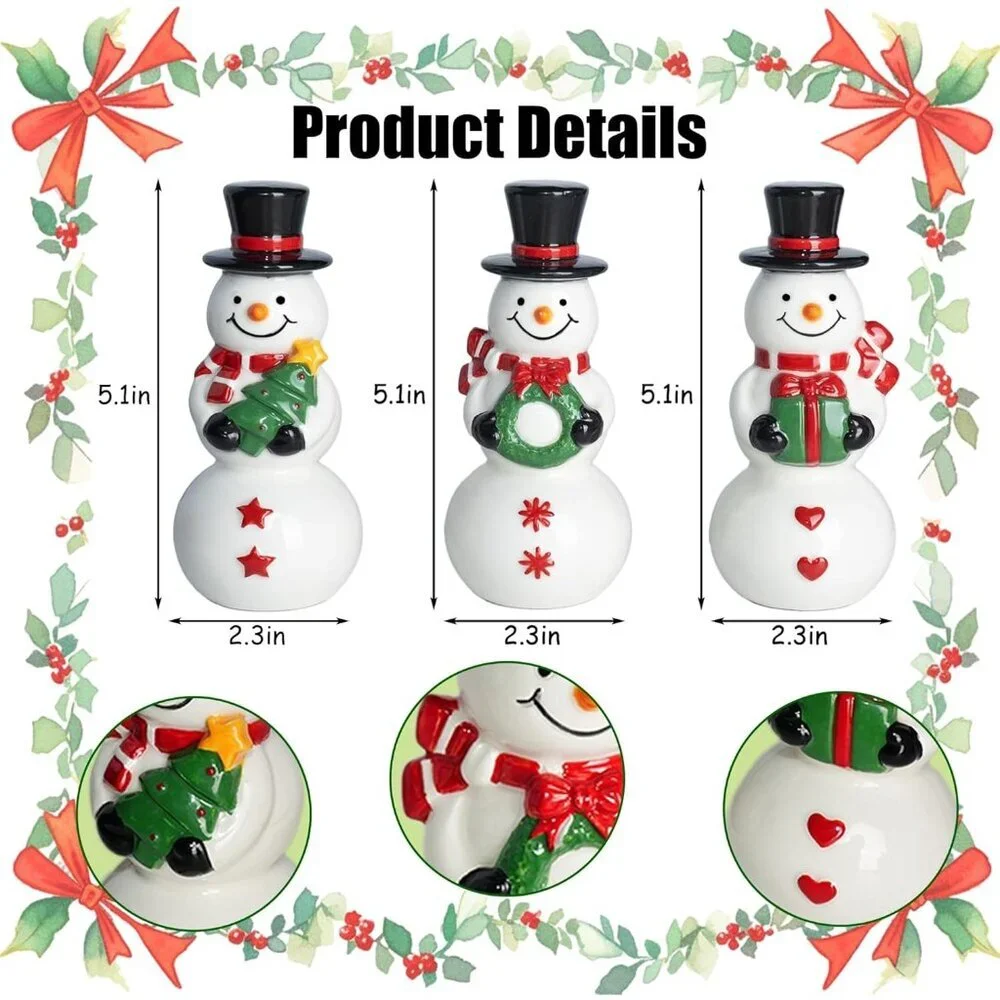 Set Of 3 Ceramic Cute Snowman Ornaments Christmas Decorations For Table